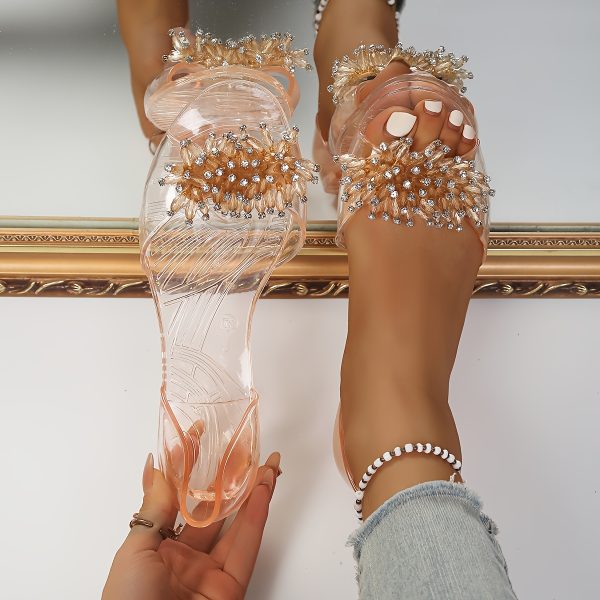 Ladies' New Style PVC Sandals with Rhinestone Beads and Open Toe | Korean Fashion Jelly Flat Heels, Slip-on Closure