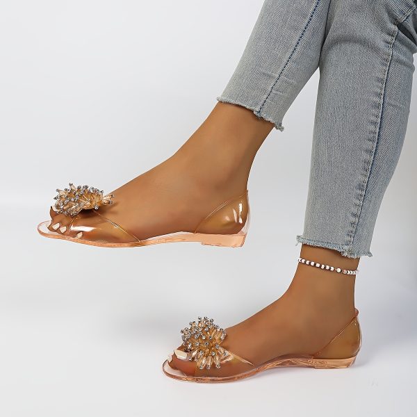 Ladies' New Style PVC Sandals with Rhinestone Beads and Open Toe | Korean Fashion Jelly Flat Heels, Slip-on Closure