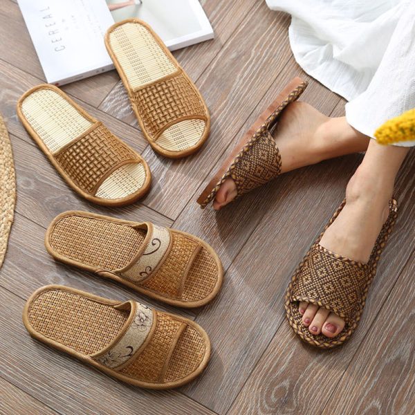 Woven Rattan Slippers for Men, Indoor Home Use, Couples, Thick Soft Sweat-Absorbing Breathable Cool Slippers for Men
