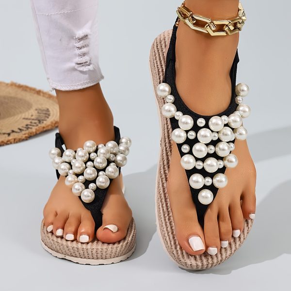 5e4f897d-ecc3-4e4e-820e-d5b6d0cfea37 New Bohemian Flip-Flops for Women Featuring Pearls - Made from Soft Fabric with an Elastic Heel Design, Perfect for Outdoor Activities, Casual Outings, Vacations, And Beach Trips - an Ideal Surprise Gift for Birthday Celebrations, Sandals.