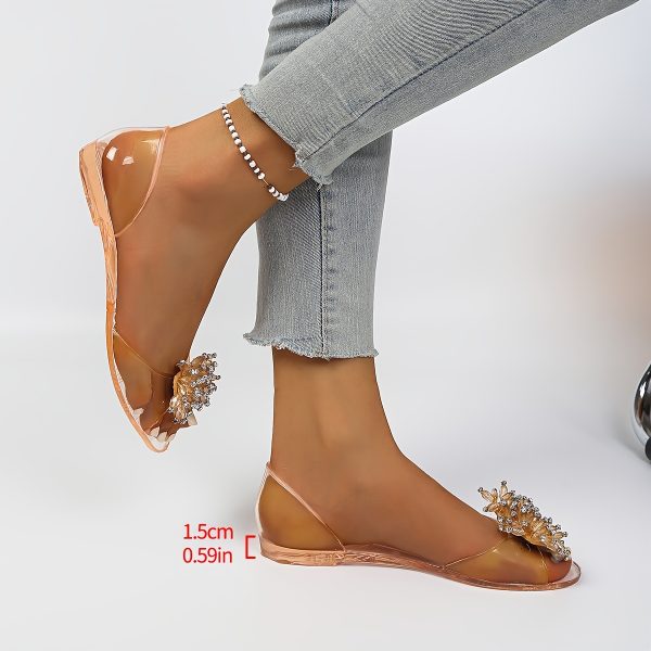 Ladies' New Style PVC Sandals with Rhinestone Beads and Open Toe | Korean Fashion Jelly Flat Heels, Slip-on Closure