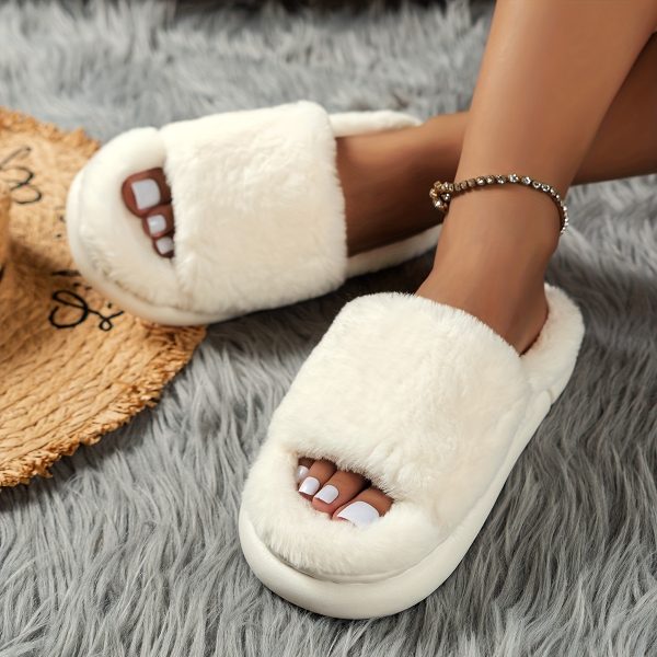 Cozy Fluffy Faux Furry Slippers Suitable for – Warm Soft House Shoes with Open-Toe Platform, Cushioned PVC Sole & Fuzzy Covering, Women Shoes