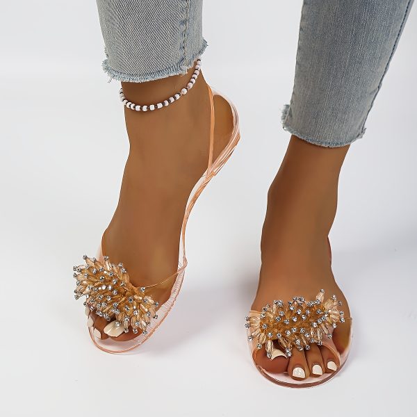 Ladies' New Style PVC Sandals with Rhinestone Beads and Open Toe | Korean Fashion Jelly Flat Heels, Slip-on Closure