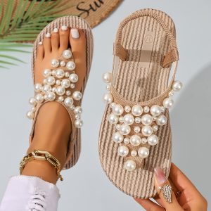 b1026d89-9ebd-4f38-b15a-d9b47bb9083e New Bohemian Flip-Flops for Women Featuring Pearls - Made from Soft Fabric with an Elastic Heel Design, Perfect for Outdoor Activities, Casual Outings, Vacations, And Beach Trips - an Ideal Surprise Gift for Birthday Celebrations, Sandals.