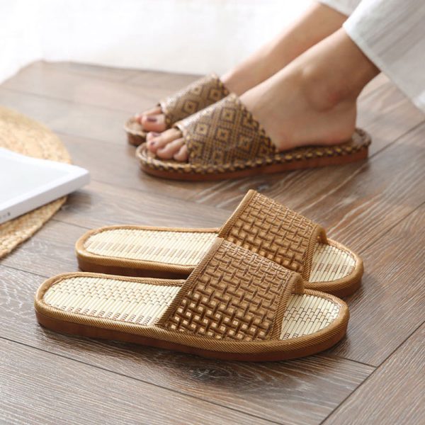 Woven Rattan Slippers for Men, Indoor Home Use, Couples, Thick Soft Sweat-Absorbing Breathable Cool Slippers for Men
