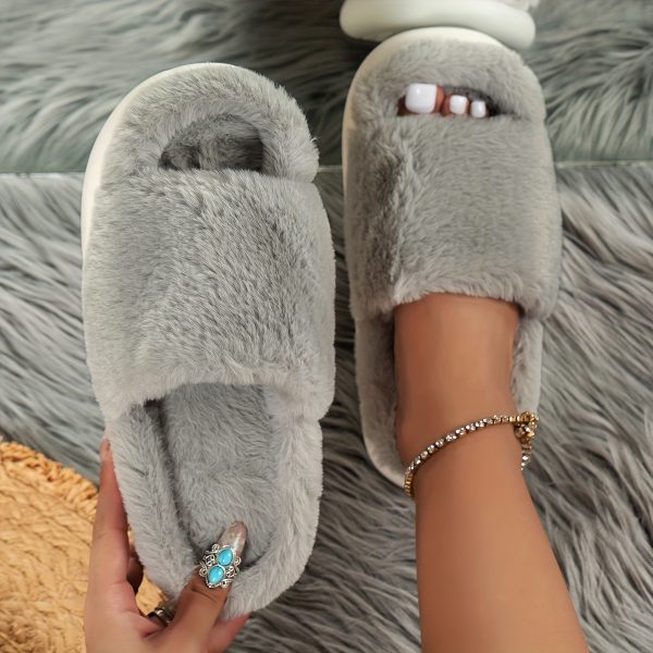 Cozy Fluffy Faux Furry Slippers Suitable for – Warm Soft House Shoes with Open-Toe Platform, Cushioned PVC Sole & Fuzzy Covering, Women Shoes