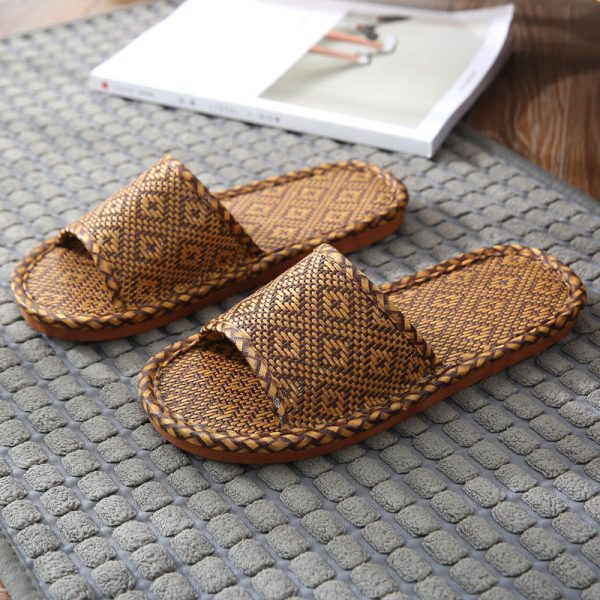 Woven Rattan Slippers for Men, Indoor Home Use, Couples, Thick Soft Sweat-Absorbing Breathable Cool Slippers for Men