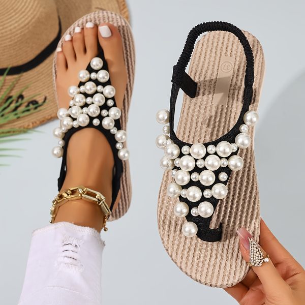 f942f921-f19f-4aaf-bbc1-e9865ab67445 New Bohemian Flip-Flops for Women Featuring Pearls - Made from Soft Fabric with an Elastic Heel Design, Perfect for Outdoor Activities, Casual Outings, Vacations, And Beach Trips - an Ideal Surprise Gift for Birthday Celebrations, Sandals.